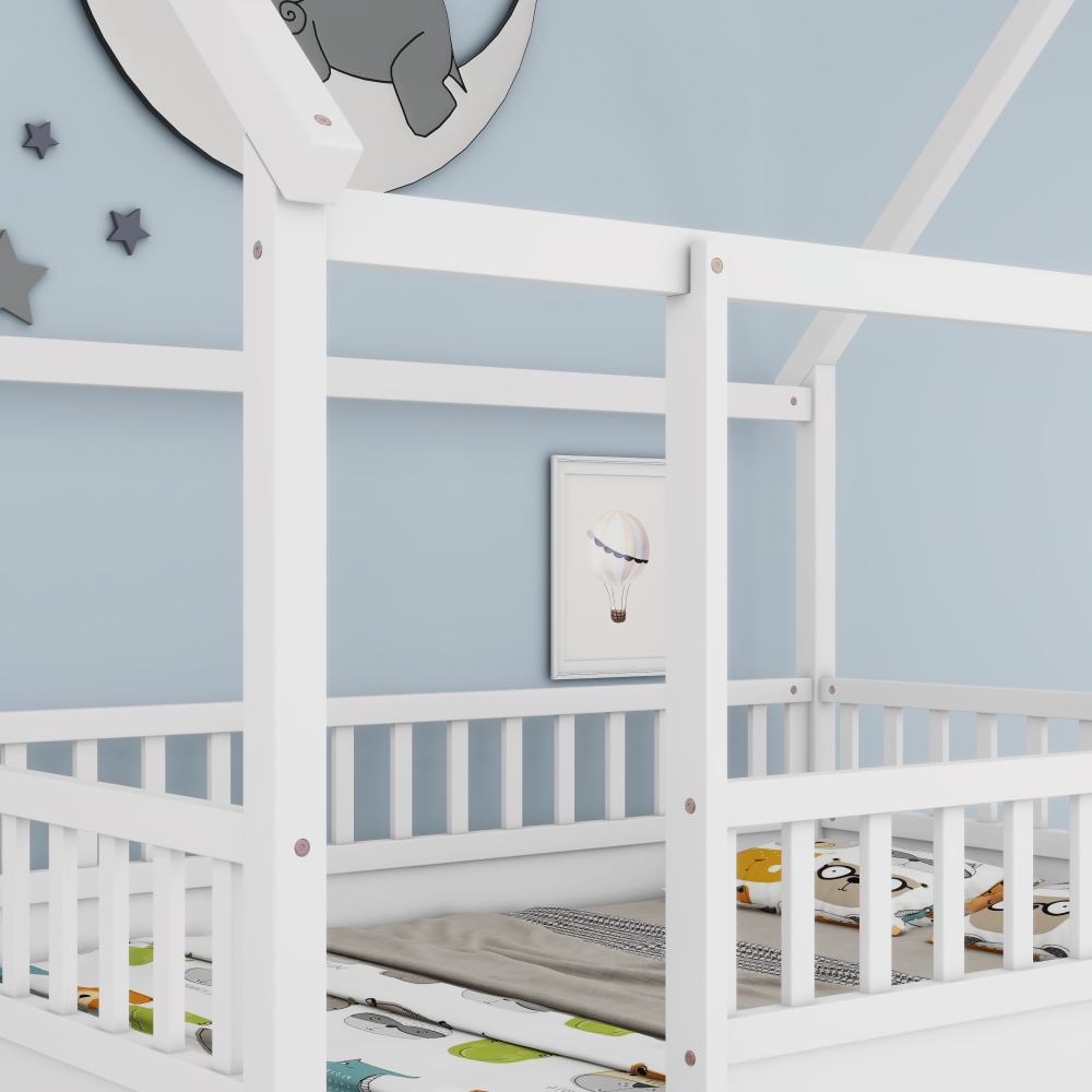 Floor Wooden Bed with House Roof Frame, Fence Guardrails
