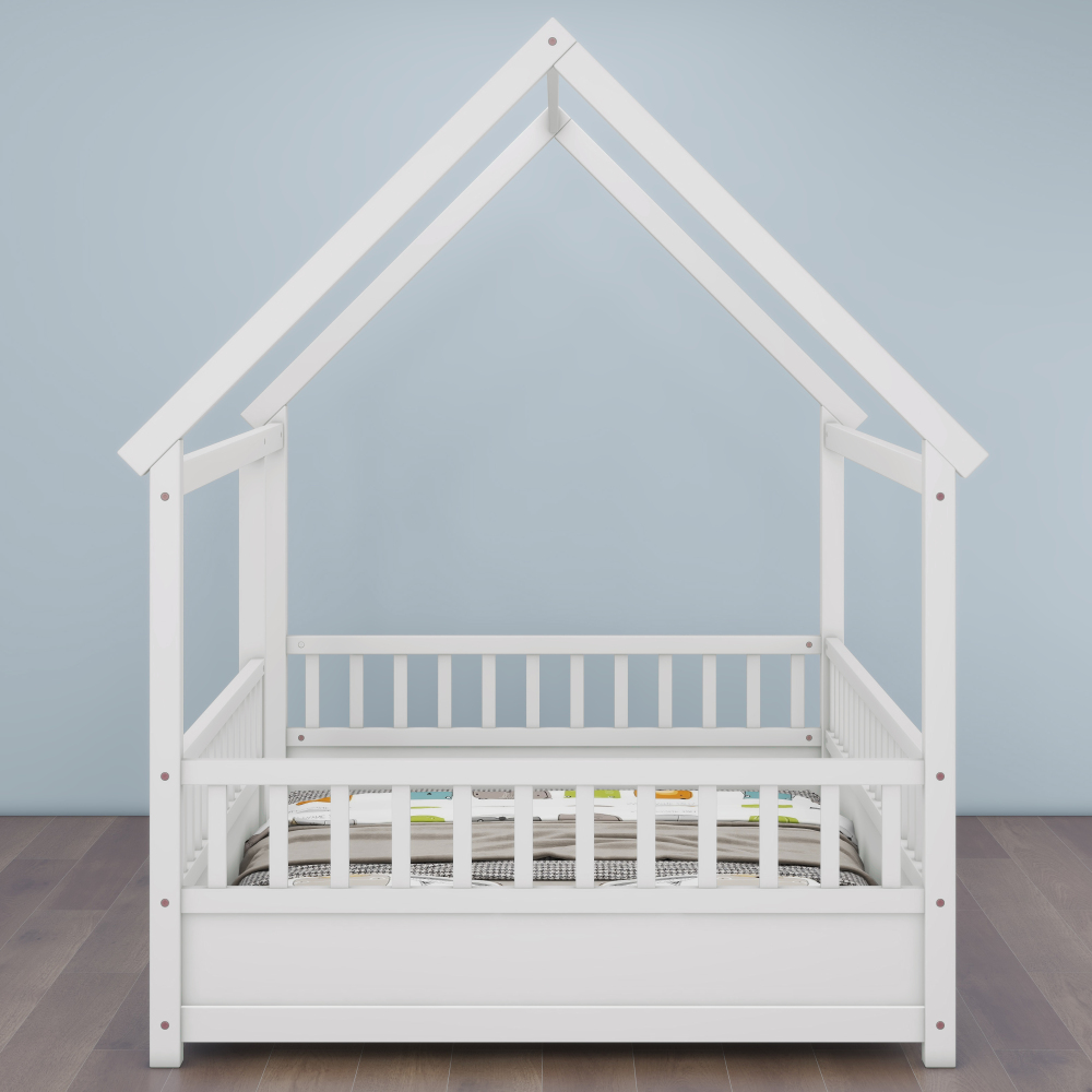 Floor Wooden Bed with House Roof Frame, Fence Guardrails
