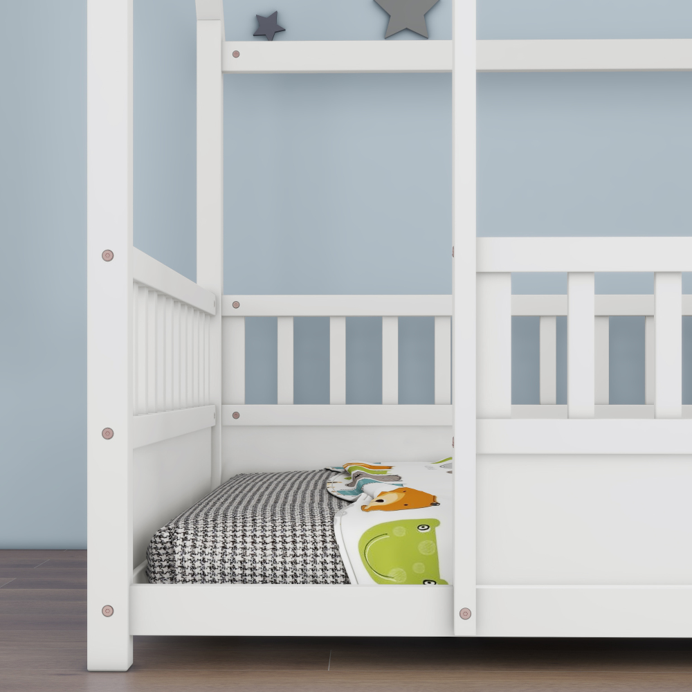 Floor Wooden Bed with House Roof Frame, Fence Guardrails