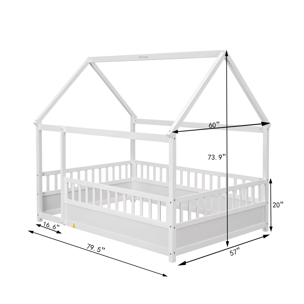 Floor Wooden Bed with House Roof Frame, Fence Guardrails