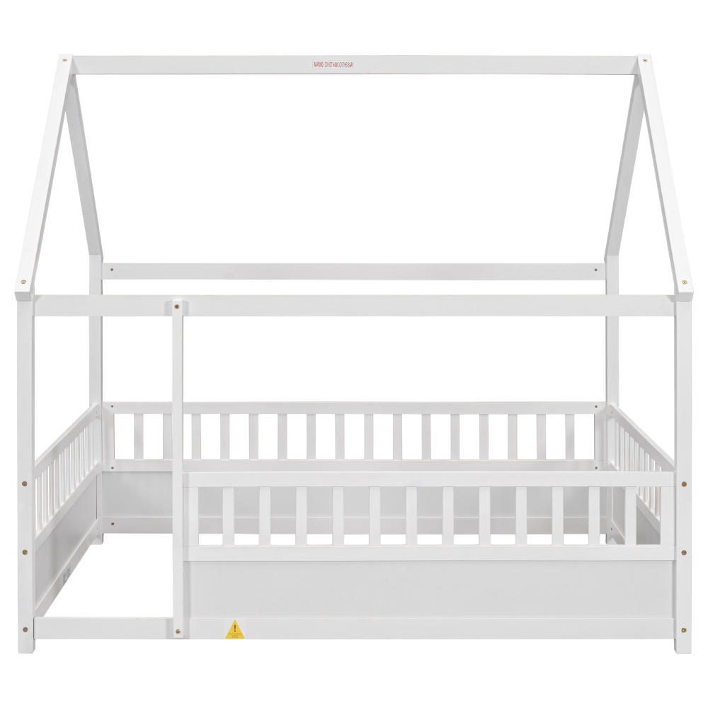 Floor Wooden Bed with House Roof Frame, Fence Guardrails
