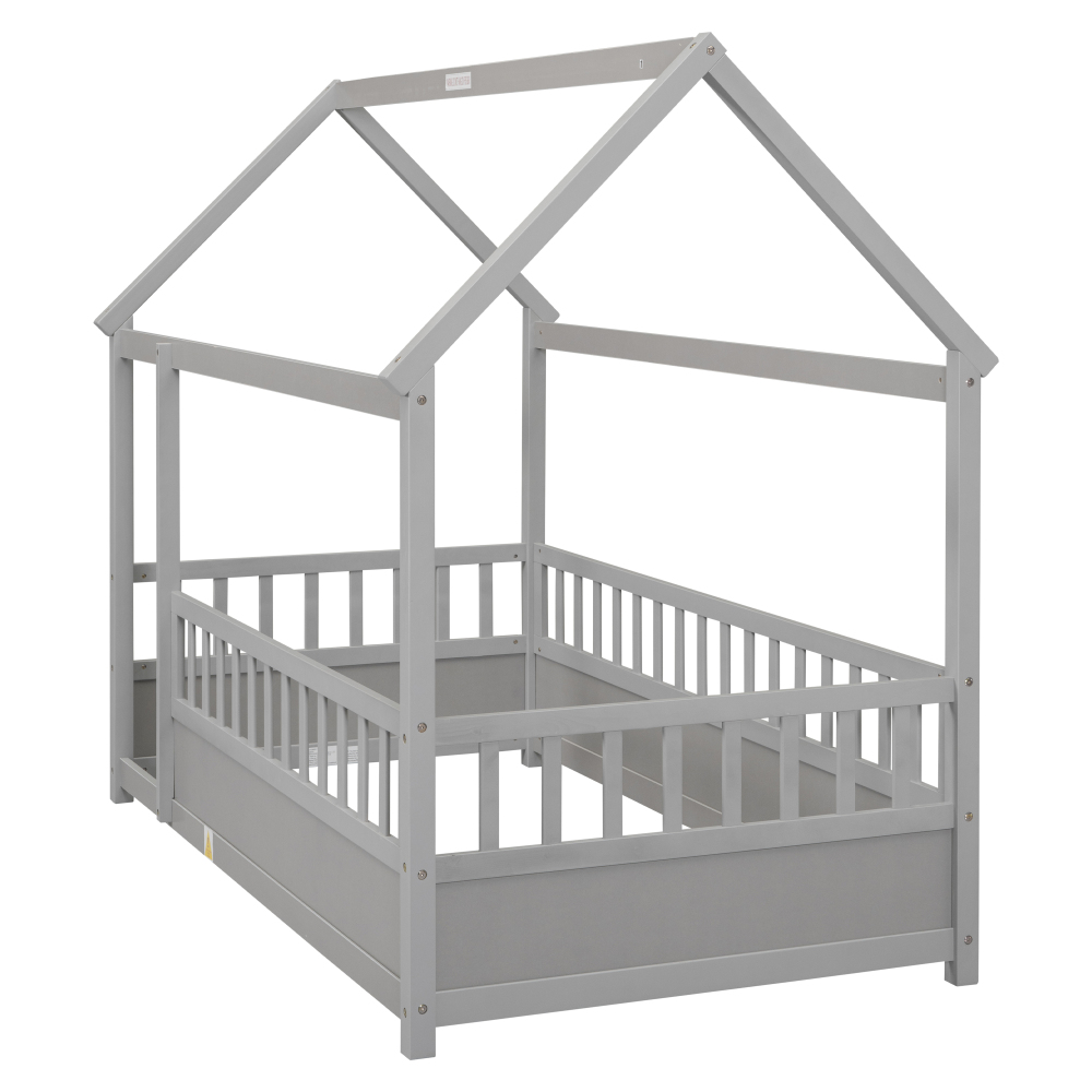 Floor Wooden Bed with House Roof Frame, Fence Guardrails