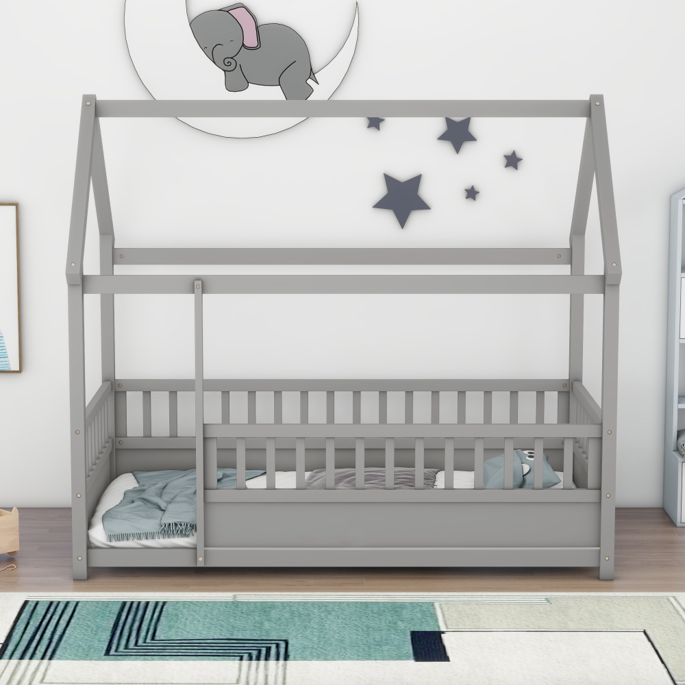 Floor Wooden Bed with House Roof Frame, Fence Guardrails