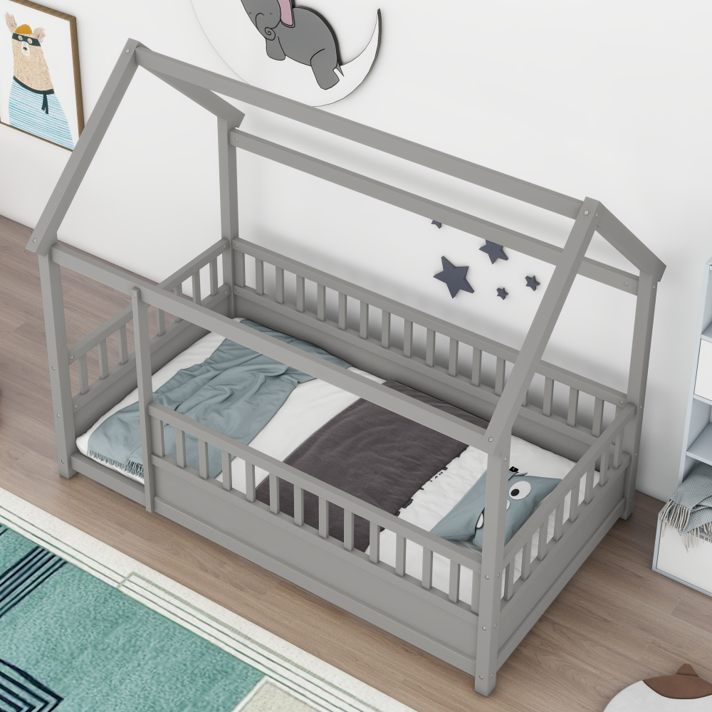Floor Wooden Bed with House Roof Frame, Fence Guardrails