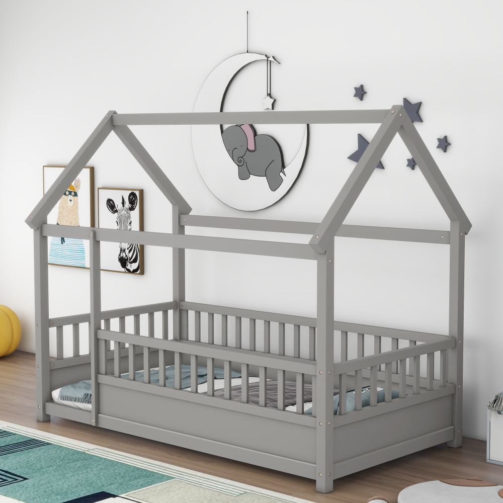 Floor Wooden Bed with House Roof Frame, Fence Guardrails