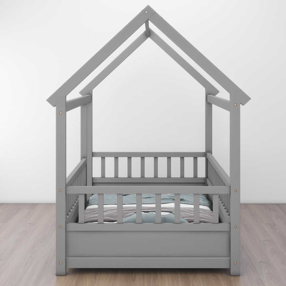 Floor Wooden Bed with House Roof Frame, Fence Guardrails