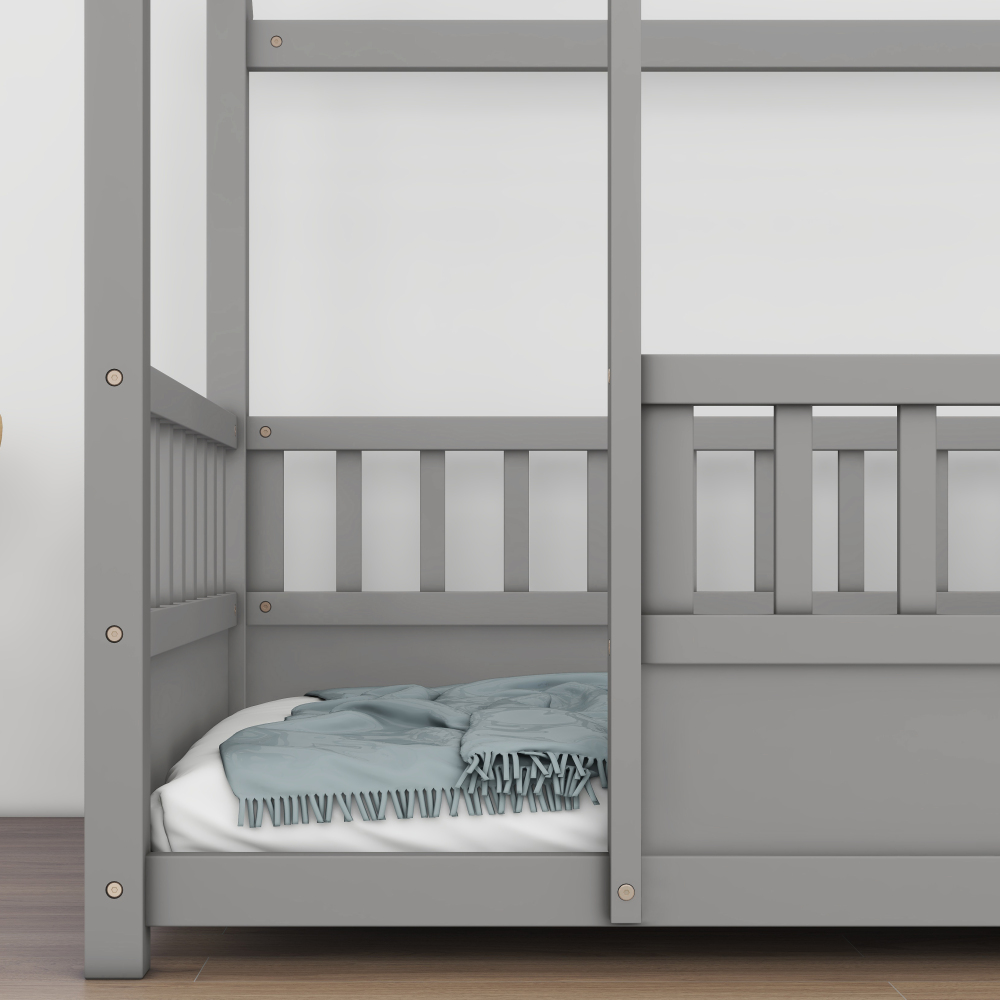 Floor Wooden Bed with House Roof Frame, Fence Guardrails
