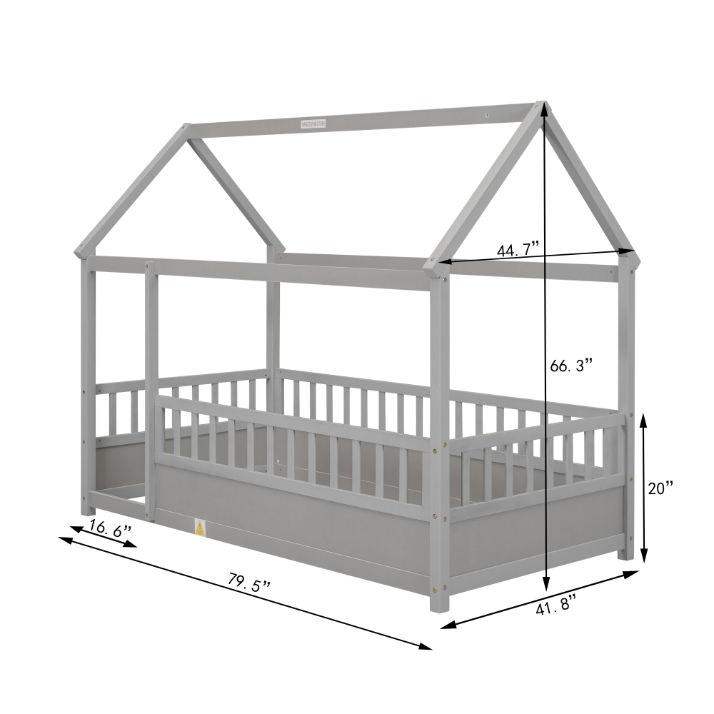Floor Wooden Bed with House Roof Frame, Fence Guardrails