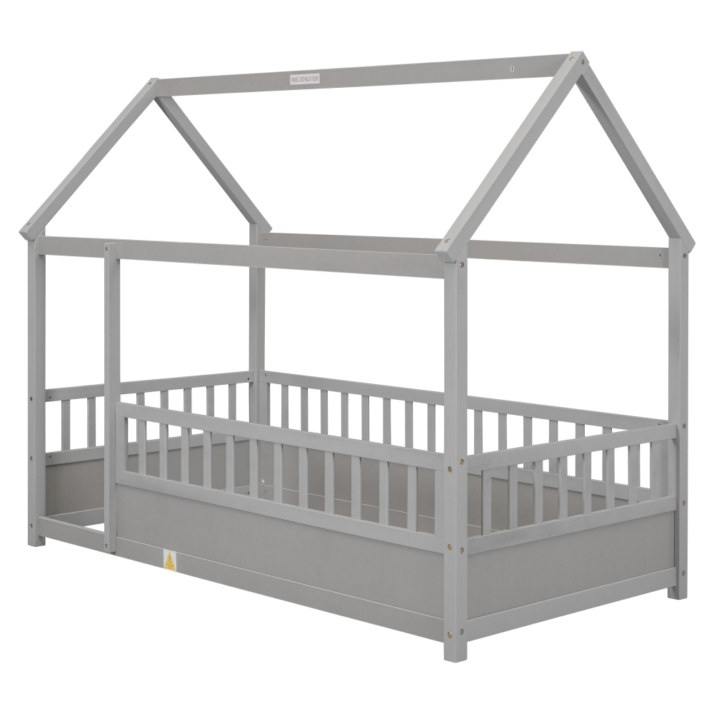 Floor Wooden Bed with House Roof Frame, Fence Guardrails