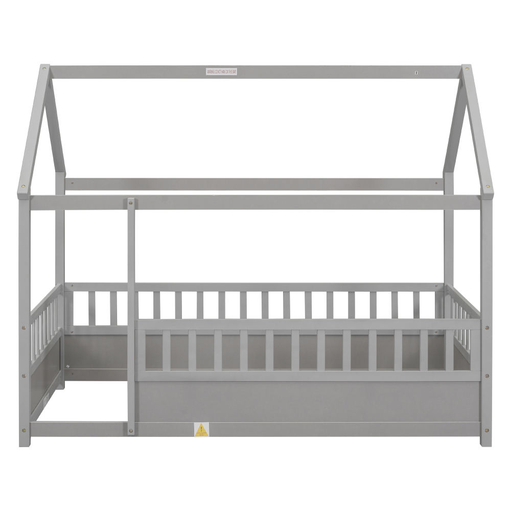 Floor Wooden Bed with House Roof Frame, Fence Guardrails