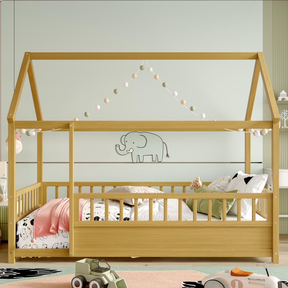 Floor Wooden Bed with House Roof Frame, Fence Guardrails