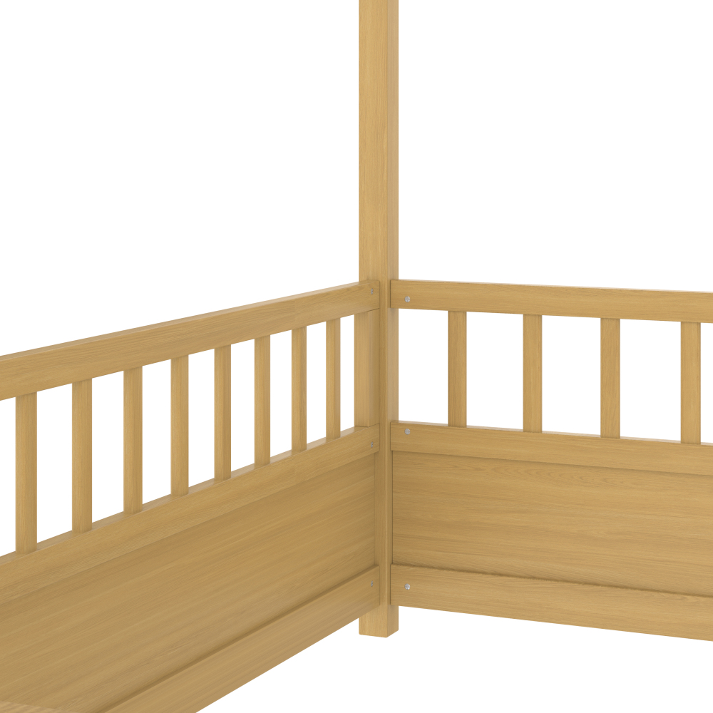 Floor Wooden Bed with House Roof Frame, Fence Guardrails