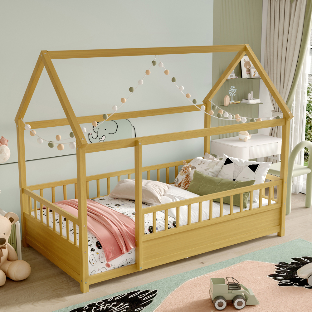 Floor Wooden Bed with House Roof Frame, Fence Guardrails