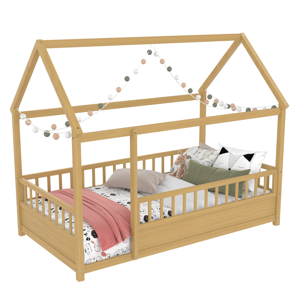 Floor Wooden Bed with House Roof Frame, Fence Guardrails