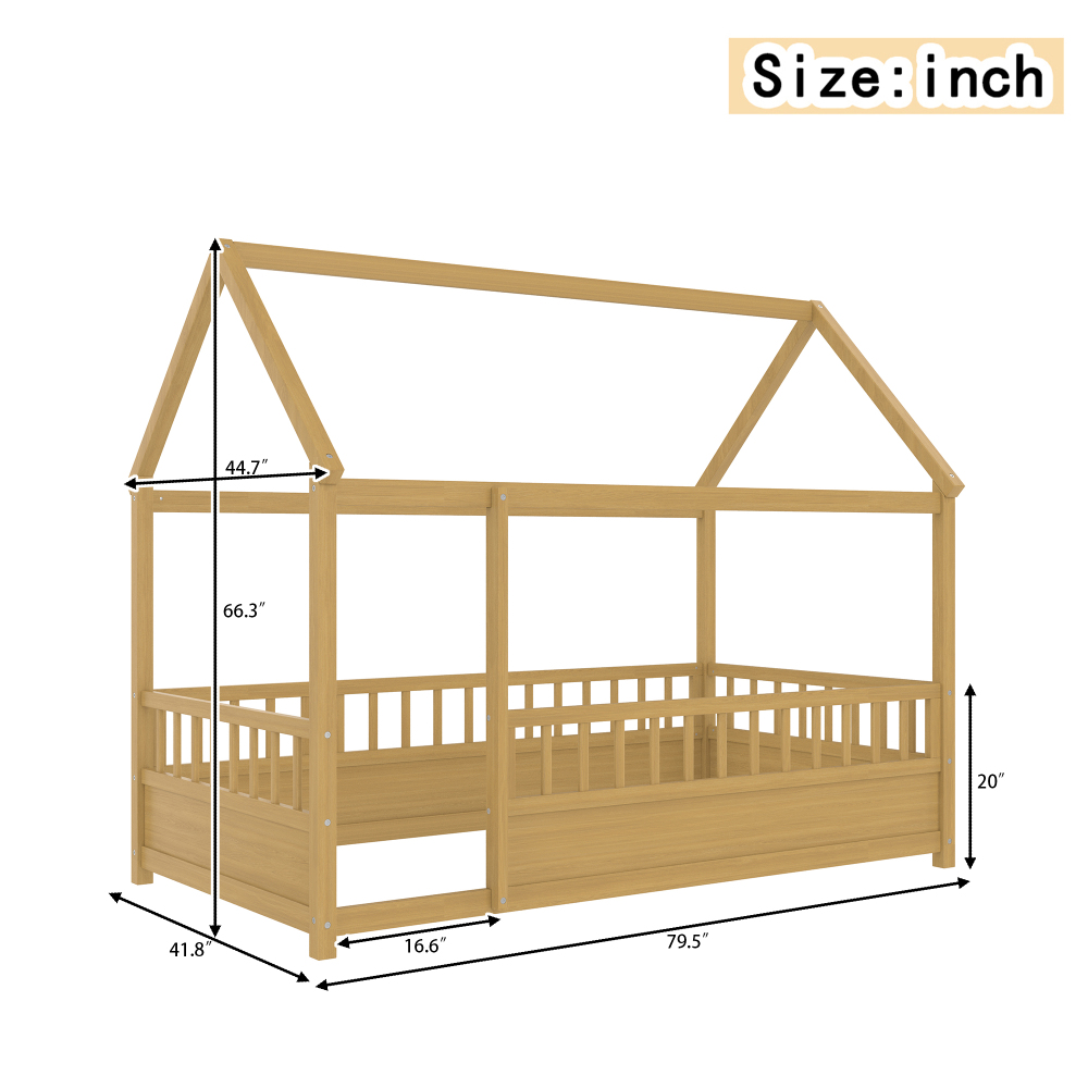 Floor Wooden Bed with House Roof Frame, Fence Guardrails