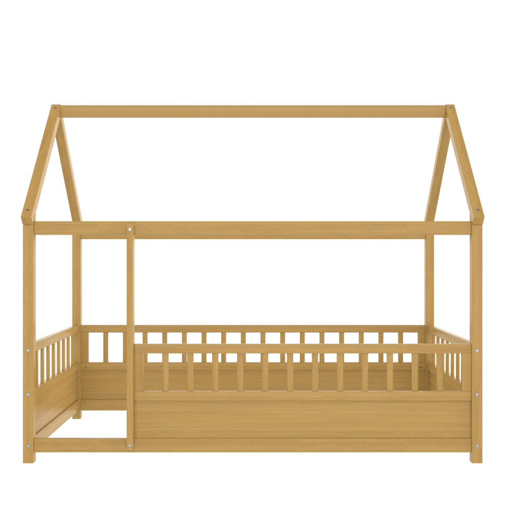 Floor Wooden Bed with House Roof Frame, Fence Guardrails