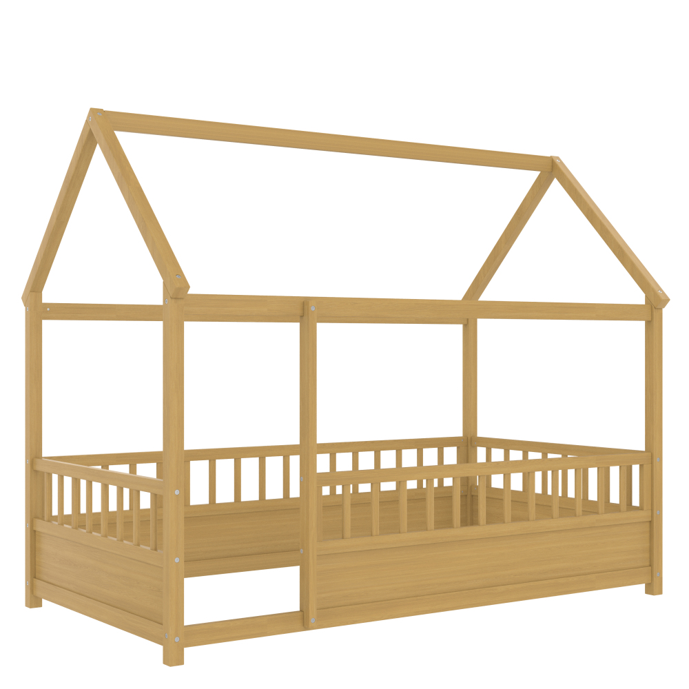 Floor Wooden Bed with House Roof Frame, Fence Guardrails