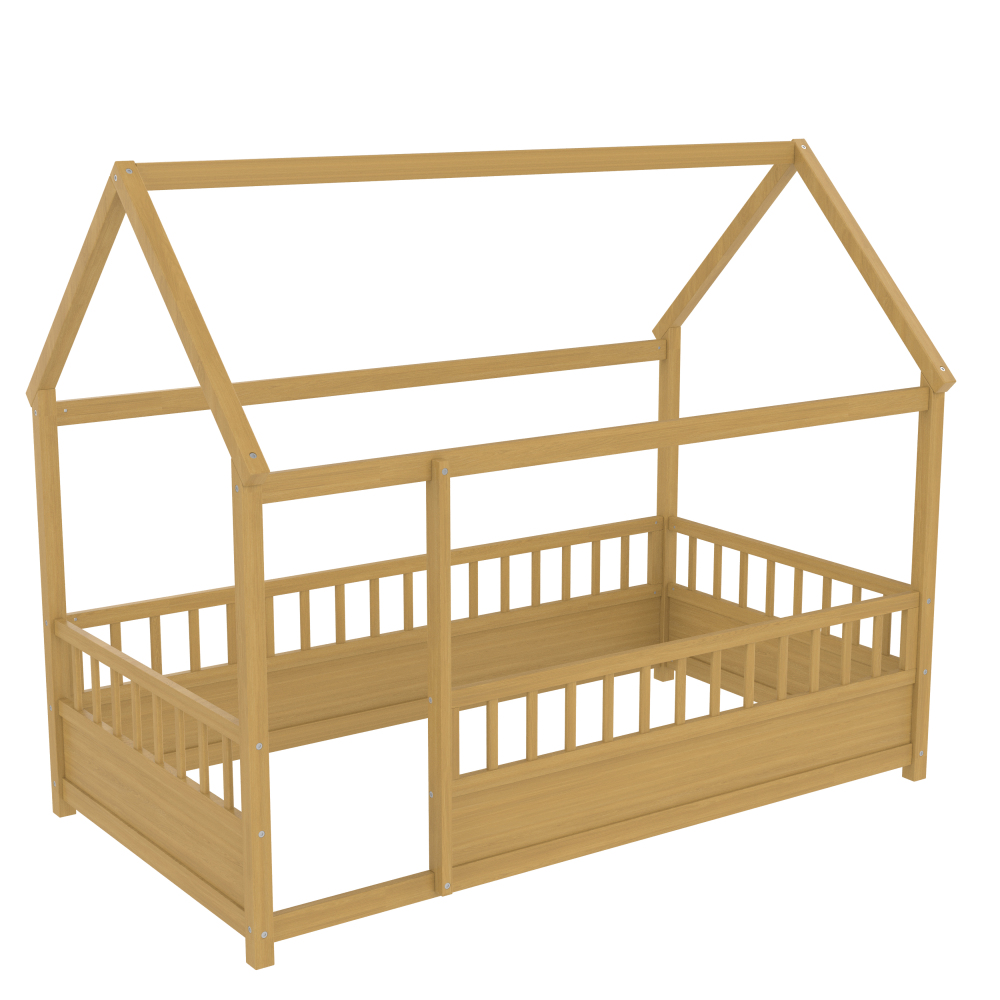 Floor Wooden Bed with House Roof Frame, Fence Guardrails