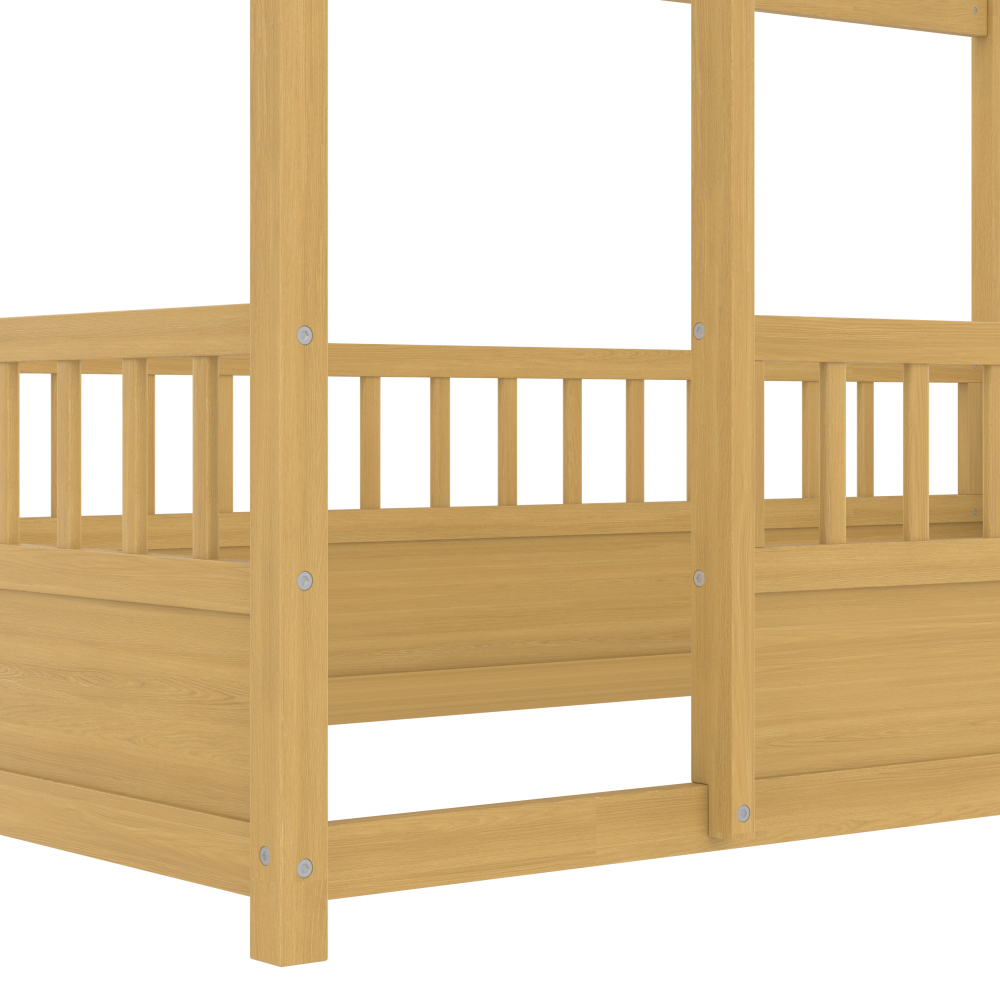 Floor Wooden Bed with House Roof Frame, Fence Guardrails