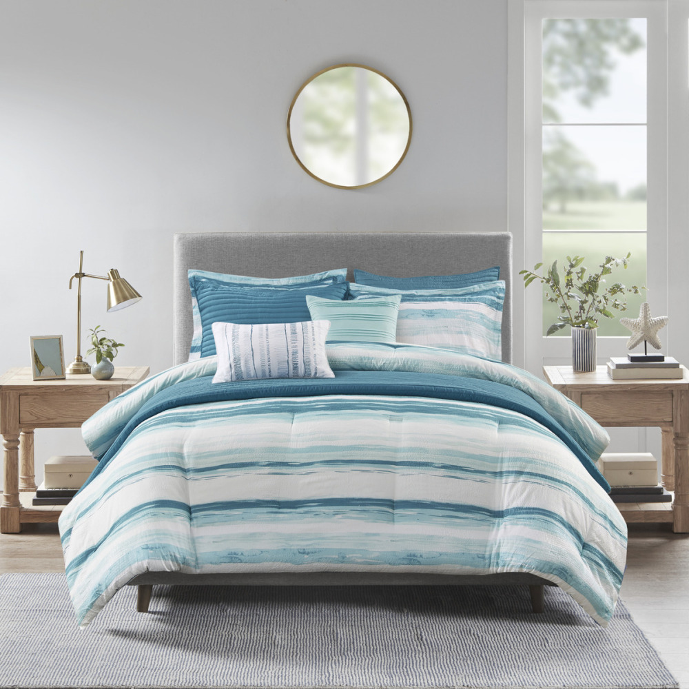 8 Piece Printed Seersucker Comforter and Quilt Set Collection