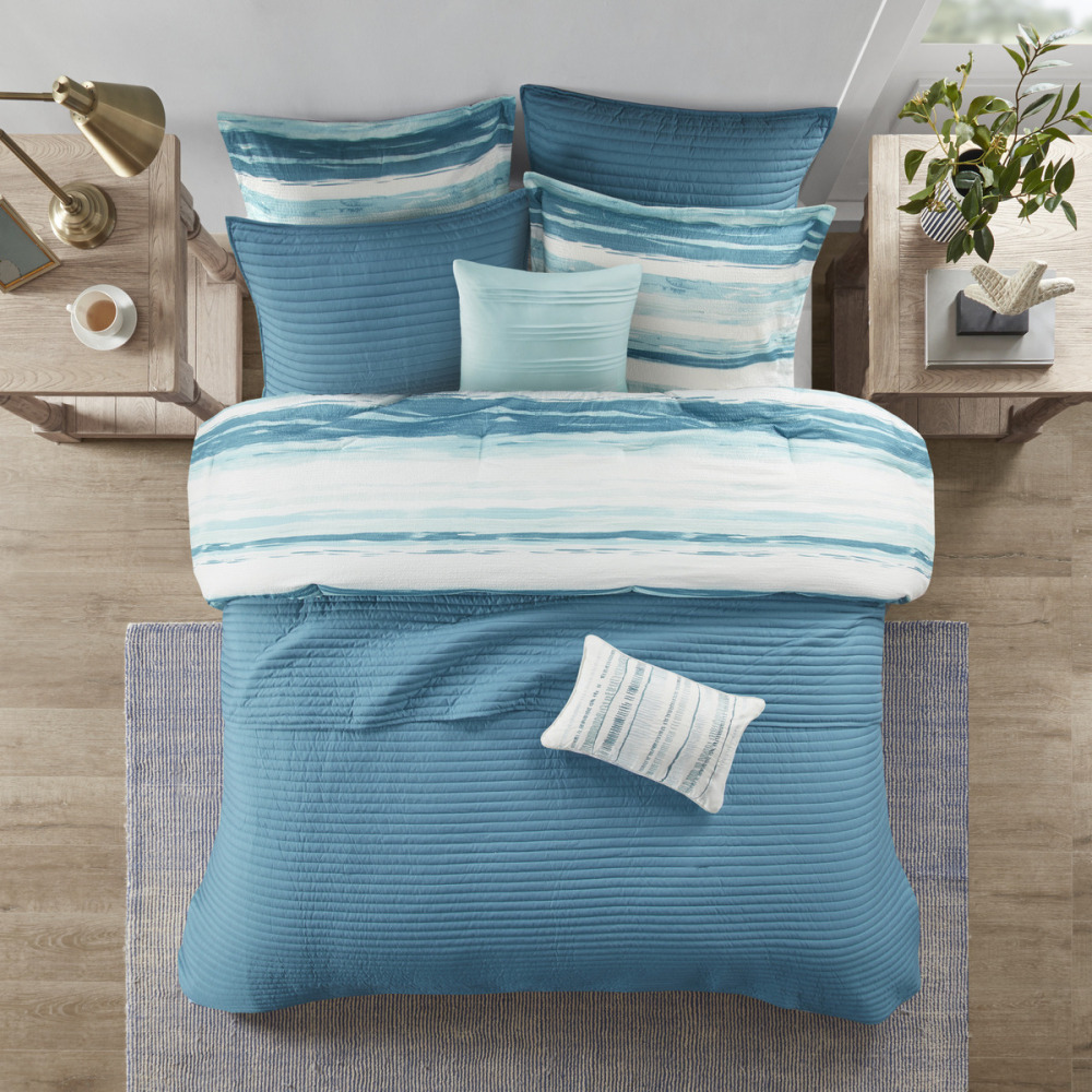 8 Piece Printed Seersucker Comforter and Quilt Set Collection