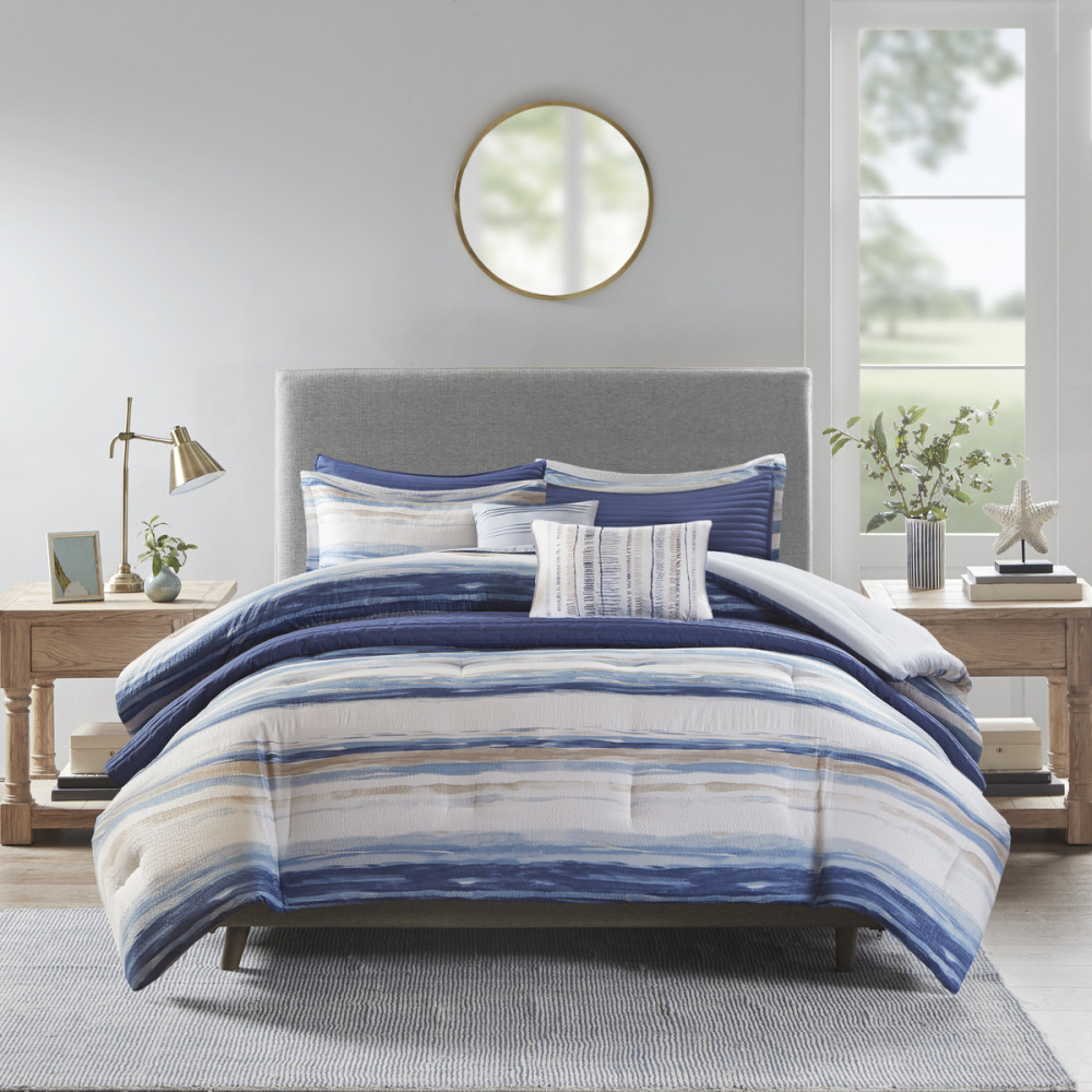 8 Piece Printed Seersucker Comforter and Quilt Set Collection