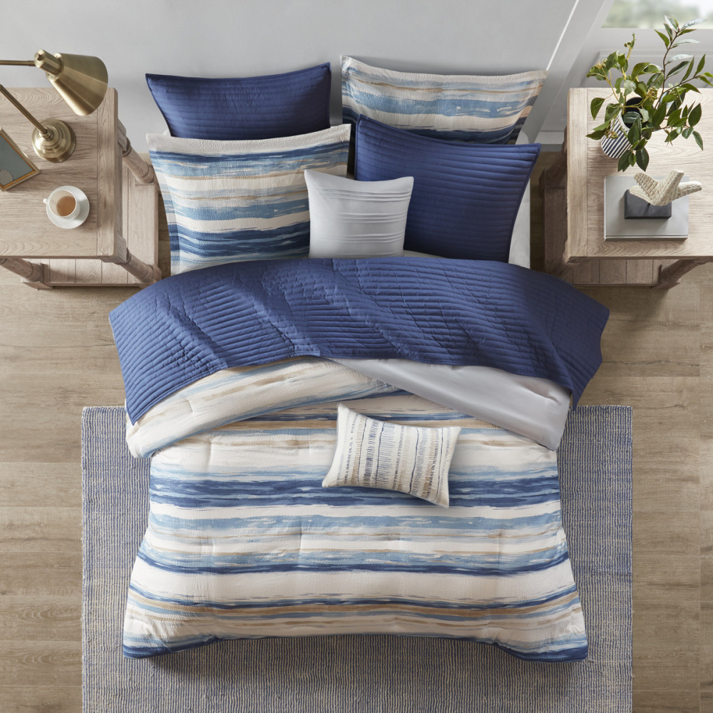 8 Piece Printed Seersucker Comforter and Quilt Set Collection