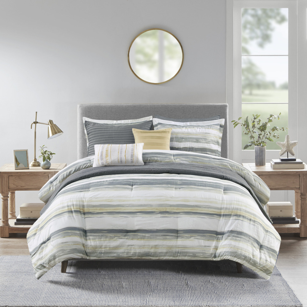 8 Piece Printed Seersucker Comforter and Quilt Set Collection