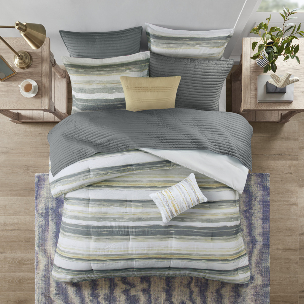 8 Piece Printed Seersucker Comforter and Quilt Set Collection