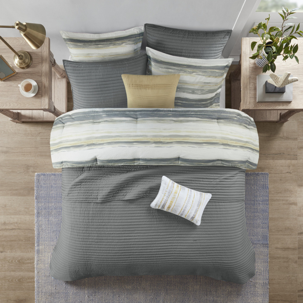 8 Piece Printed Seersucker Comforter and Quilt Set Collection