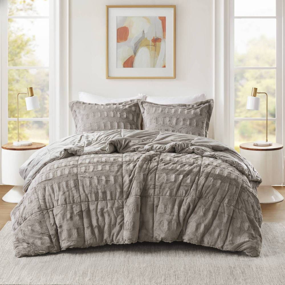 Solid Faux Fur Comforter Mini Set Gray