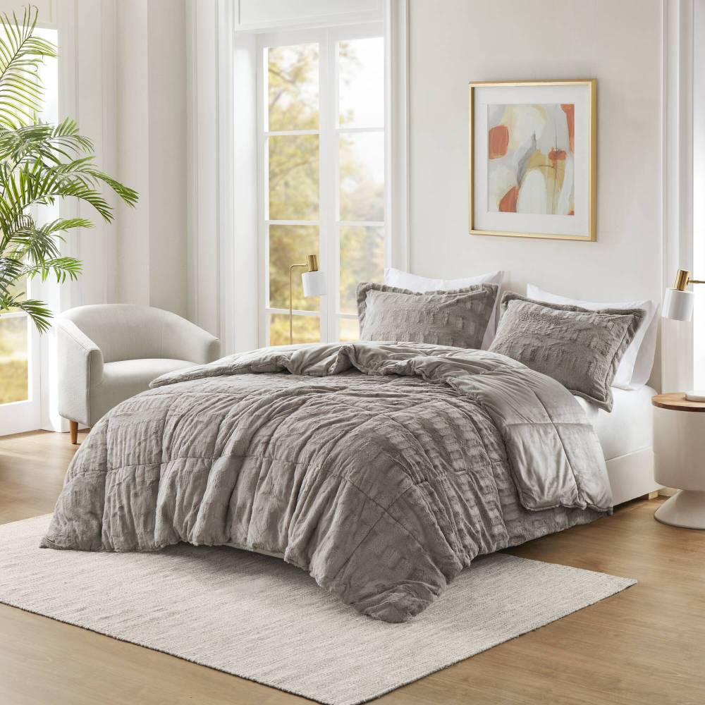 Solid Faux Fur Comforter Mini Set Gray