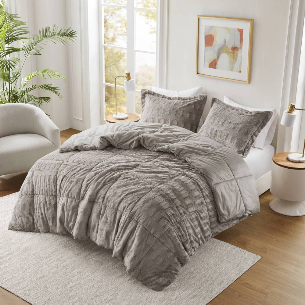 Solid Faux Fur Comforter Mini Set Gray
