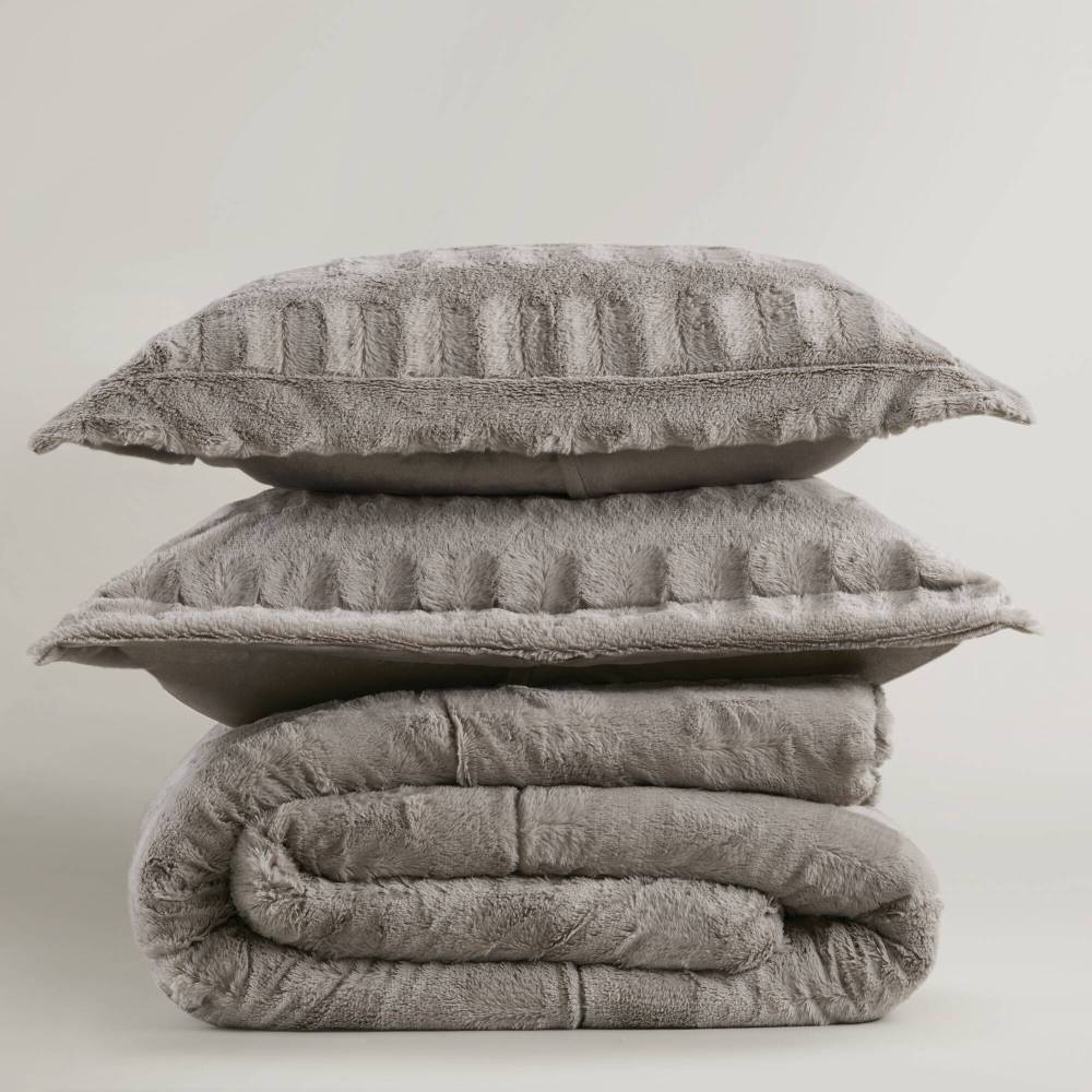 Solid Faux Fur Comforter Mini Set Gray