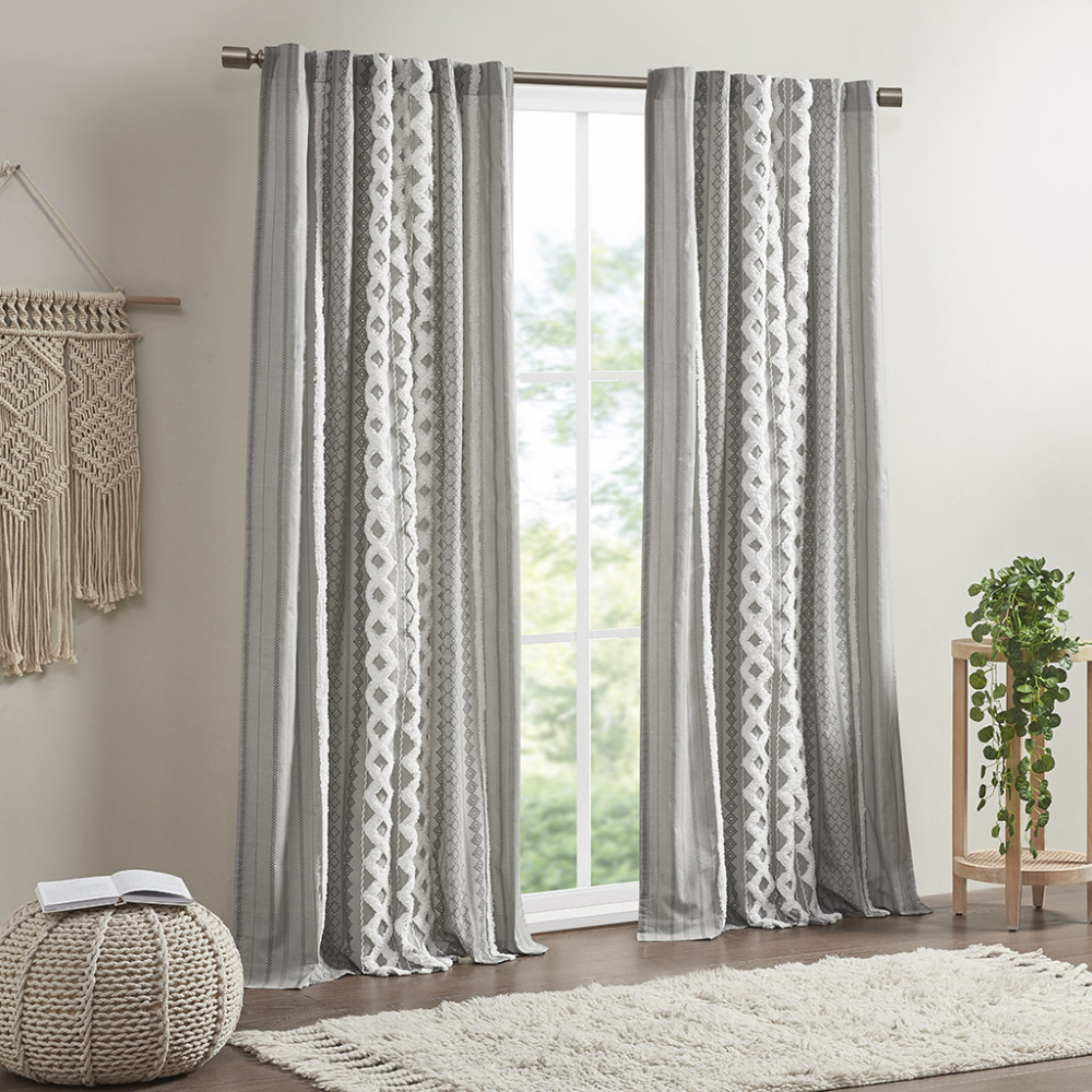 1 PCS Cotton Printed Curtain Panel with Chenille Stripe and Lining