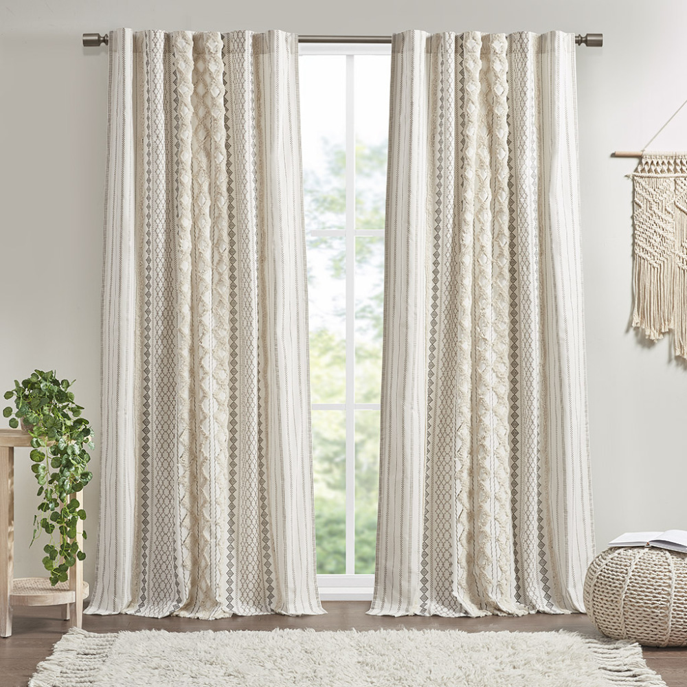 1 PCS Cotton Printed Curtain Panel with Chenille Stripe and Lining