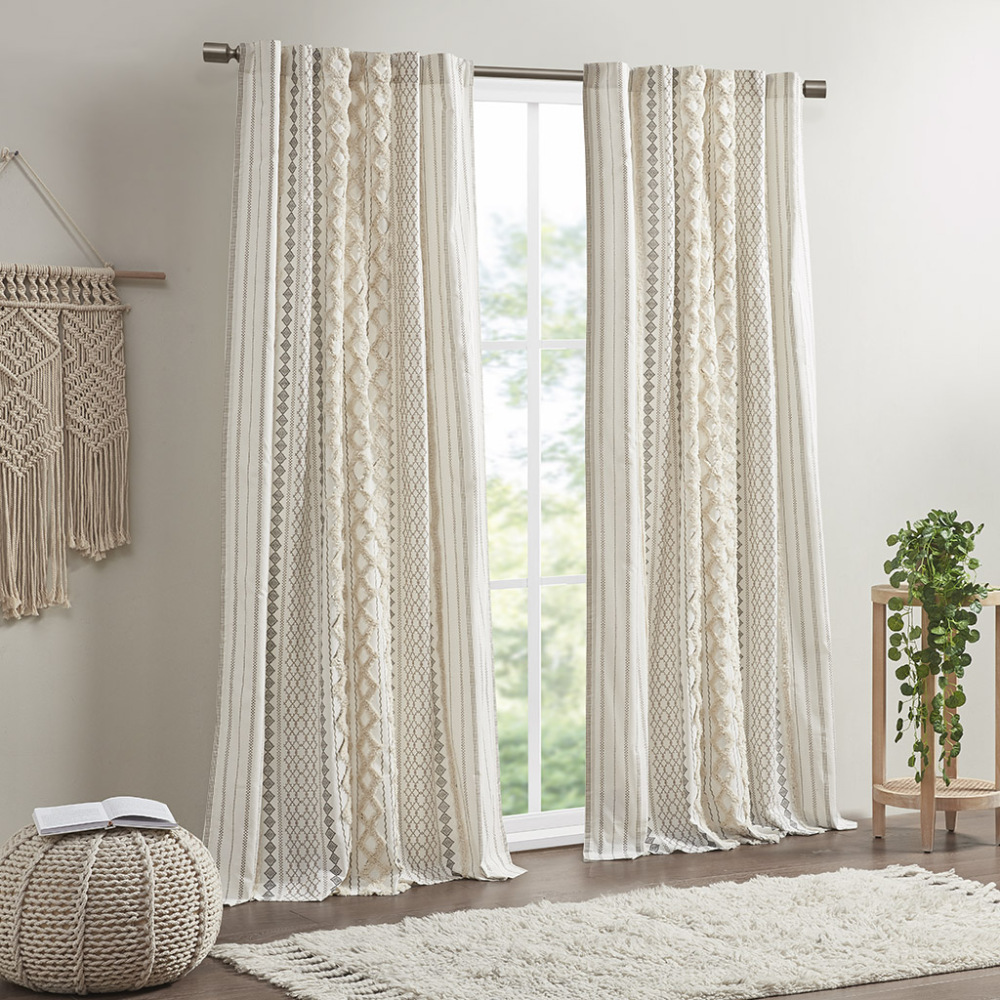 1 PCS Cotton Printed Curtain Panel with Chenille Stripe and Lining