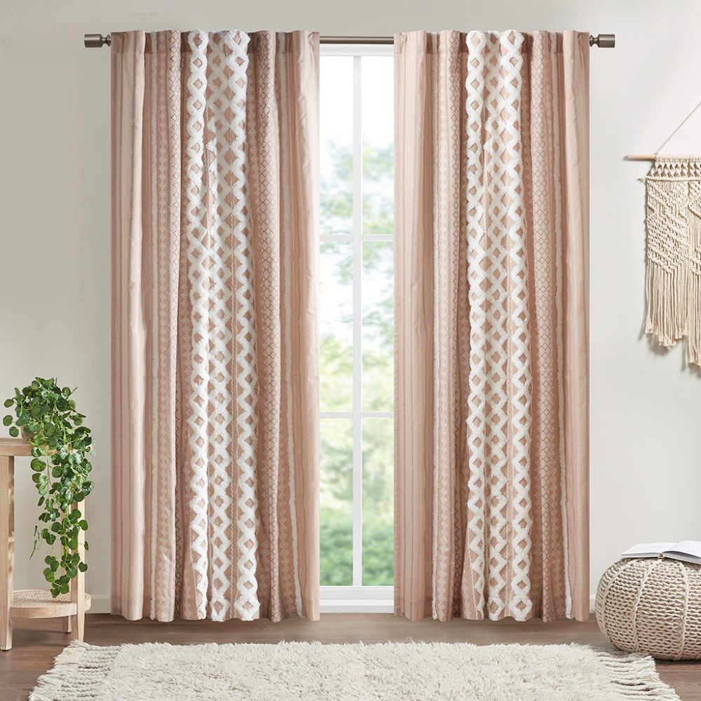 1 PCS Cotton Printed Curtain Panel with Chenille Stripe and Lining