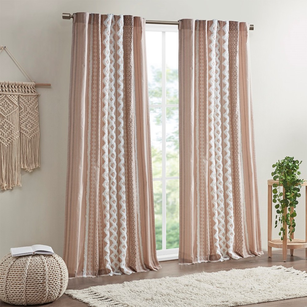 1 PCS Cotton Printed Curtain Panel with Chenille Stripe and Lining