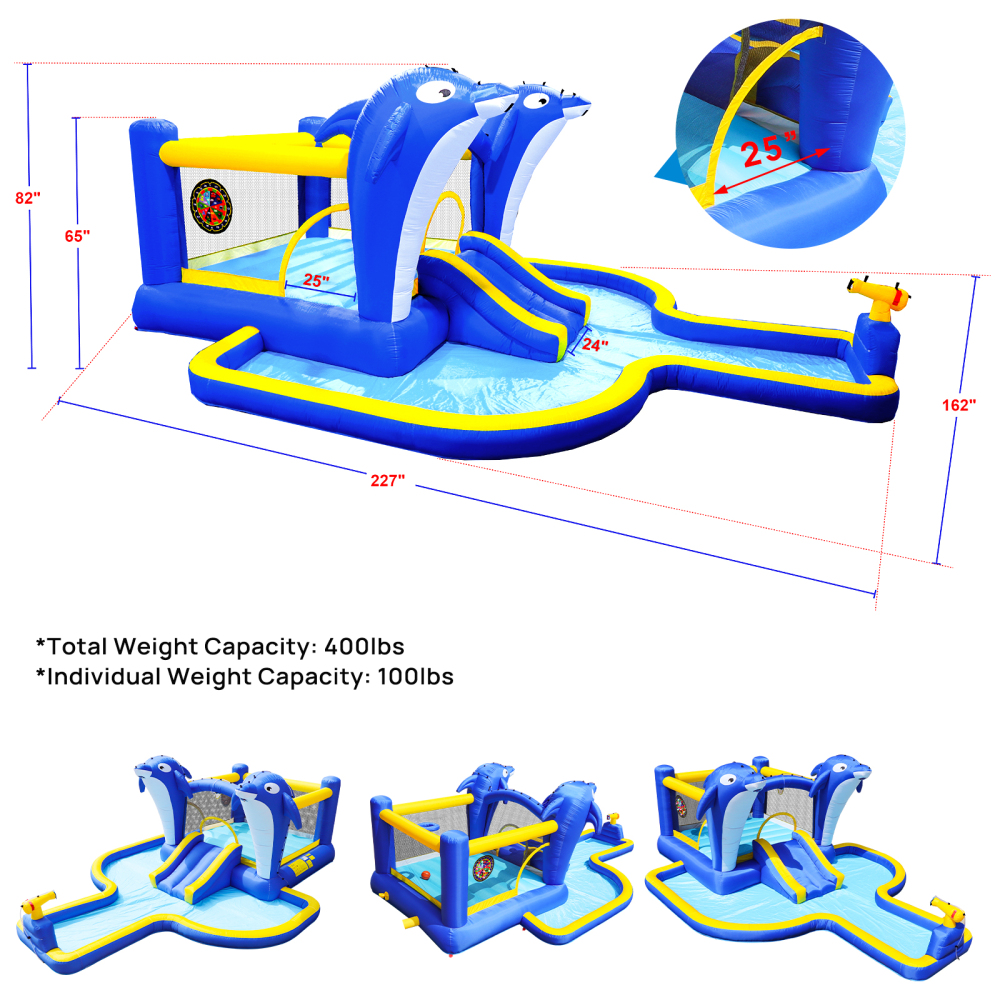 8 in1 Inflatable slide water park trampoline bouncing house outdoor garden with Dolphin sprinkler & Target games & Water gun & Basketball