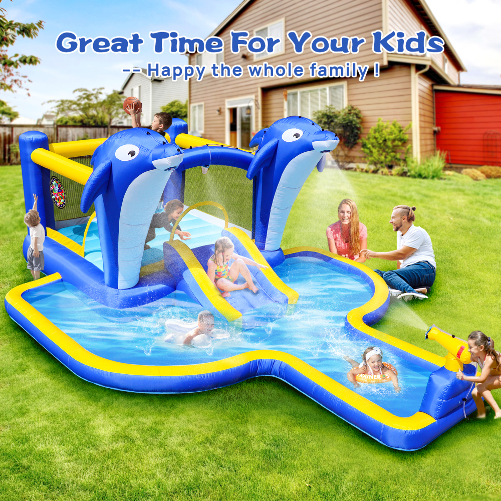 8 in1 Inflatable slide water park trampoline bouncing house outdoor garden with Dolphin sprinkler & Target games & Water gun & Basketball