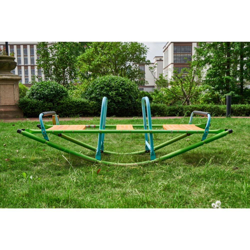 high quality kids seesaw plastic seat playground equipment cute baby plastic rocker outdoor children blue and green steel tube for kids age 3+