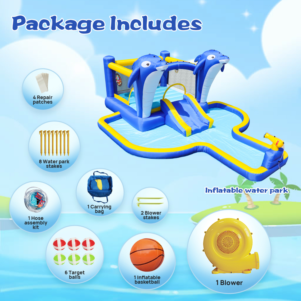 8 in1 Inflatable slide water park trampoline bouncing house outdoor garden with Dolphin sprinkler & Target games & Water gun & Basketball