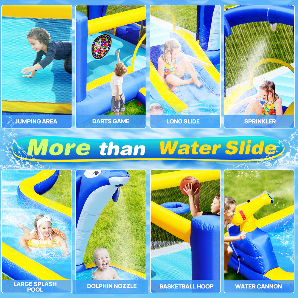 8 in1 Inflatable slide water park trampoline bouncing house outdoor garden with Dolphin sprinkler & Target games & Water gun & Basketball
