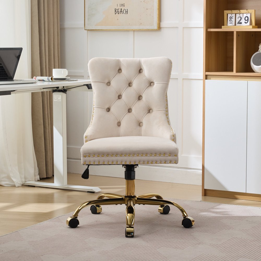 A&A Furniture Office Chair,Modern Velvet Upholstered Tufted Button Home Office Chair with Golden Metal Base,Adjustable Desk Chair Swivel Office Chair (Beige)