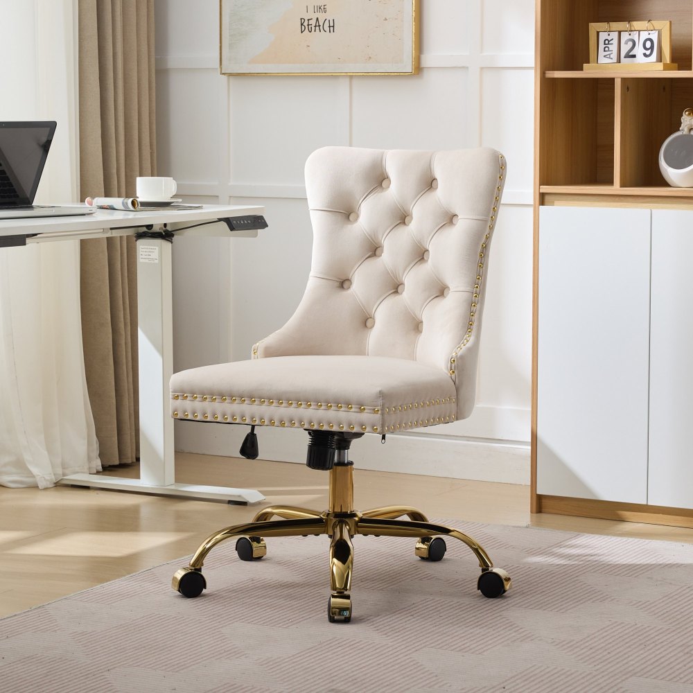A&A Furniture Office Chair,Modern Velvet Upholstered Tufted Button Home Office Chair with Golden Metal Base,Adjustable Desk Chair Swivel Office Chair (Beige)?
