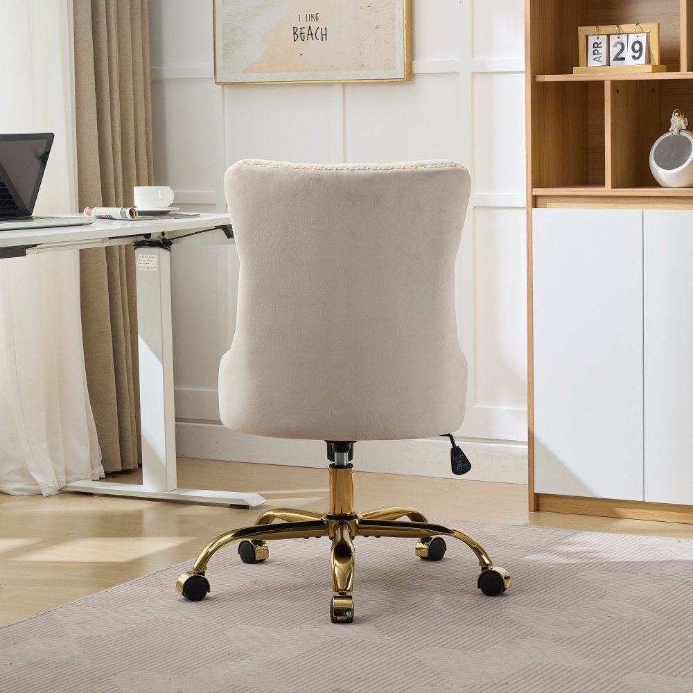 A&A Furniture Office Chair,Modern Velvet Upholstered Tufted Button Home Office Chair with Golden Metal Base,Adjustable Desk Chair Swivel Office Chair (Beige)