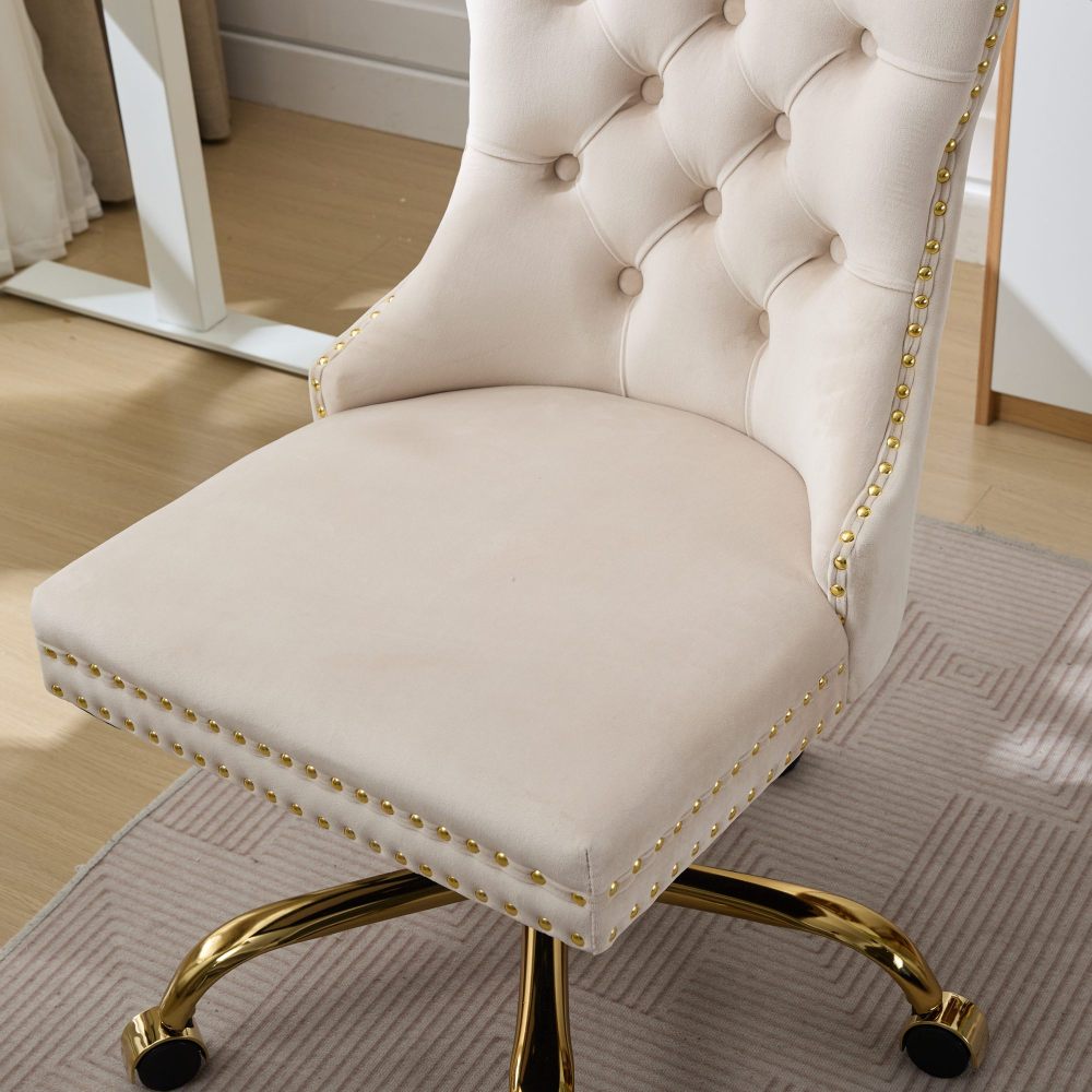 A&A Furniture Office Chair,Modern Velvet Upholstered Tufted Button Home Office Chair with Golden Metal Base,Adjustable Desk Chair Swivel Office Chair (Beige)?