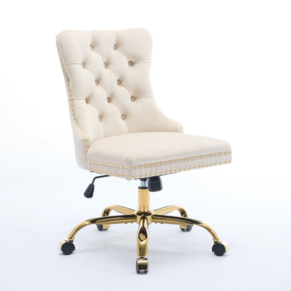 A&A Furniture Office Chair,Modern Velvet Upholstered Tufted Button Home Office Chair with Golden Metal Base,Adjustable Desk Chair Swivel Office Chair (Beige)?