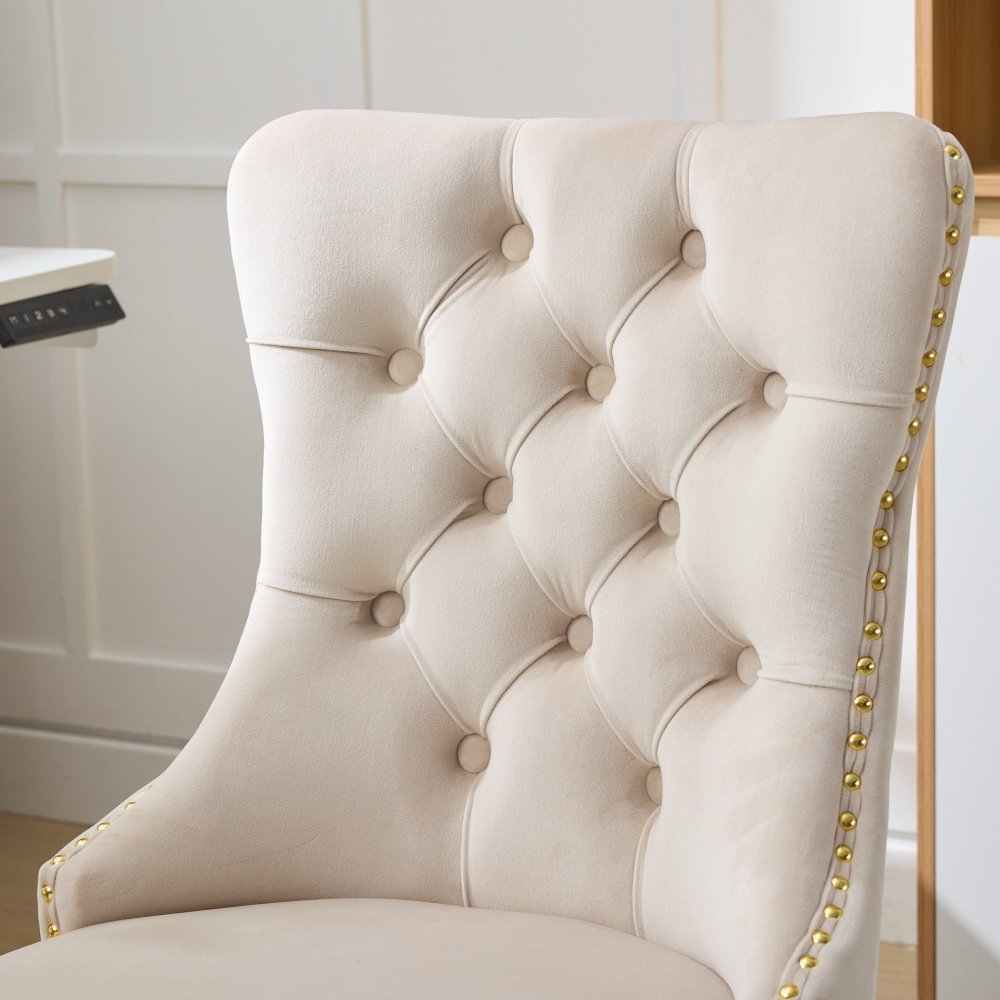 A&A Furniture Office Chair,Modern Velvet Upholstered Tufted Button Home Office Chair with Golden Metal Base,Adjustable Desk Chair Swivel Office Chair (Beige)?